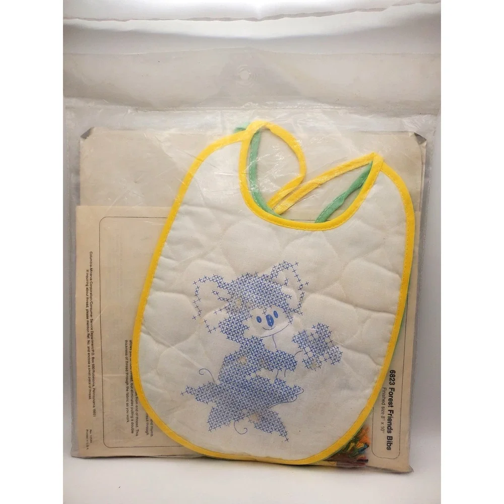 Vintage 1980 Columbia Minerva Forest Friends Baby Bib Cross Stitch Kit SEALED